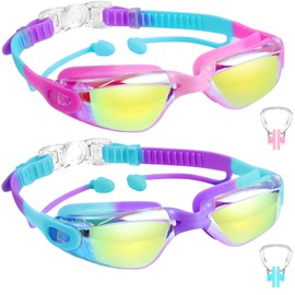Vvinca Kids Swim Goggles, 2 Packs Swimming Goggles with Earplugs& Nose Clip Anti Fog/UV Goggles for Kids Youth Teens Age 3-15