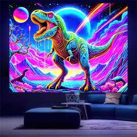 BlissYard Blacklight Dinosaur Tapestry UV Reactive Neon T-Rex Dinosaur Wall Tapestry Dinosaur Jungle Forest Fantasy Landscape Wall Hanging for Men Boys Bedroom Home Decor Party Backdrop 59 X 78 inch