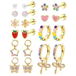 YADOCA Hypoallergenic Earrings for Women Girls, Cute Surgical Steel Earrings for Sensitive Ears ，Gold Flat Back Stud Hoop Charms Toddler Earrings Set for Kids, DIY Screwback Women Earring