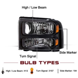 JSBOYAT Headlight Assembly Bulbs Included Compatible with 2005-2007 Ford F250 F350 F450 F550 Super Duty / 2005 Ford Excursion Passenger and Driver Side, Black Housing with Amber Reflector