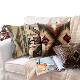 ArtSocket Set of 4 Throw Pillow Covers Tribal Western Geometric Burgundy Green Native Designs Southwest Country Benson Decorative Pillow Cases Home Decor Square 20x20 Inches Pillowcases