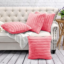 BYTIDE Striped Faux Fur Decorative Square Throw Pillow Covers with Sherpa Back 20 x 20 Inches Set of 4, Plush Soft Luxury Cushion Case Pillowcase for Couch Bed Bedroom Living Room, Sugar Coral