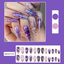 Press on Nails Almond Medium Length-Glossy Full Cover Acrylic Purple False Nails with Purple Floral Line Designs Artificial Pointed Almond Fake Nails with Charms Glue on Fingernails for Women Girls