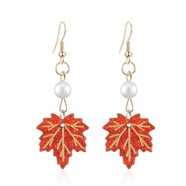 Vavhoo Red Maple Leaf Earrings for Women Fall Maple Leaf Dangle Earrings Thanksgiving Earrings Autumn Earrings,Autumn Fall Thanksgiving Jewelry for Women(Maple leaves pearl in middle)