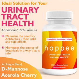 Chewable Tablets for UTI Prevention for Women and Men, Fast-Acting Doctor-Formulated Tablets with 500mg D Mannose and 150mg Acerola Cherry Powder, Berry Flavor, 60 Count - Happee