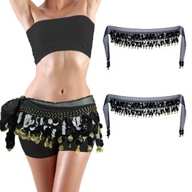 Baisdan Belly Dance Skirt 2Pack, Belly Dance Hip Scarf, Belly Dancer Costumes for Women, Belly Dancing Outfits, Belly Dance Coin Skirts, Black