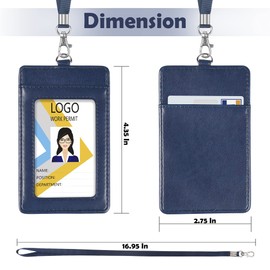 Badge Holder, Arae PU Leather Vertical ID Badge Card Holder with Detachable Lanyard/Strap - Blue
