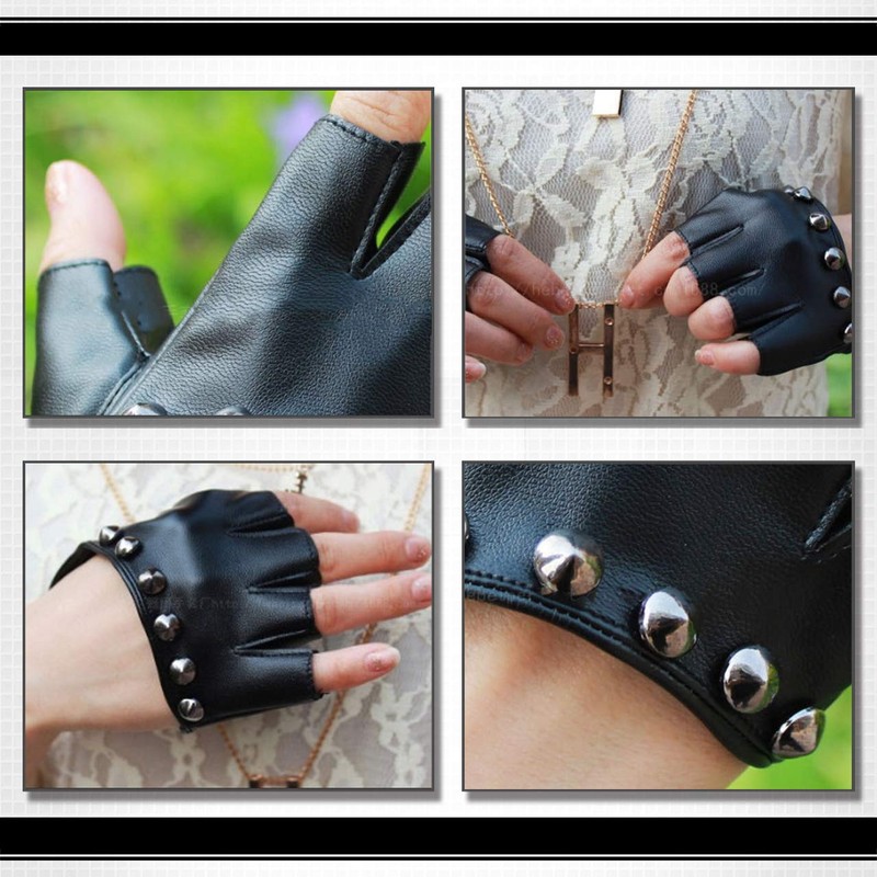 White Fang NT065 Women's Leather Gloves Fingerless Punk Rock Studded
