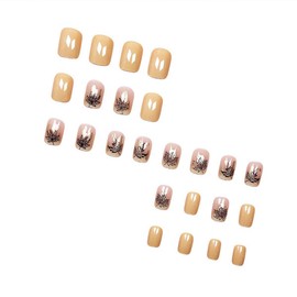 24pcs Fall Press On Nails Short Square Fake Nails Gold Foil With Maple Leaf Design Nude False Nails Reusable Glue On Nails Thanksgiving Acrylic Nail Glossy Stick On Nail For Women Holiday Manicure