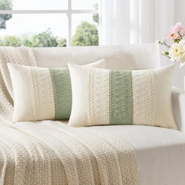 Woaboy Set of 2 Sage Green Boho Decorative Throw Pillow Covers 12x20 Inch Lumbar Farmhouse Cotton Cushions Modern Home Decor for Livingroom Bedroom Couch Bed Sofa Chair
