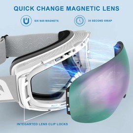 EMSINA A1 Ski Goggles Men,Ski Goggles Women.Anti-Fog/Scratch 100% UV400-Magnetic Lens-Snowboard Snow Goggles Men Women Adult & Junior(S3-White Frame/Revo rosea pink Vlt 13%) Adult