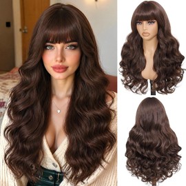 Brown Wavy Wig with Bangs for Women, 26 Inch Long Synthetic Wig