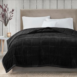 Madison Park King Cozy Blanket HeiQ Smart Temperature Plush to Microfiber Reverse Box Quilting, Reversible, Soft All Season, Lightweight Summer Cover, for Bed, Couch and Sofa, King, Black