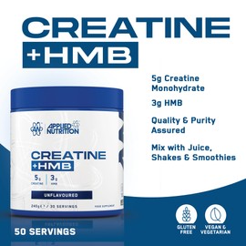 Applied Nutrition - Creatine + HMB - 5g Creatine Monohydrate + 3g HMB - Best Muscle Strength Supplement - Best Performance Formula - Supports Recovery - (240g – 30 Servings) (Unflavoured)