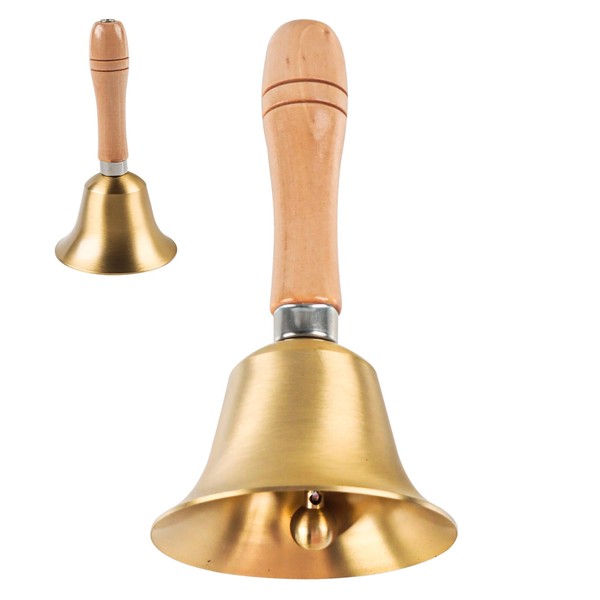 Solid Brass Call Bell, Golden Hand Bell with Wooden Handle,