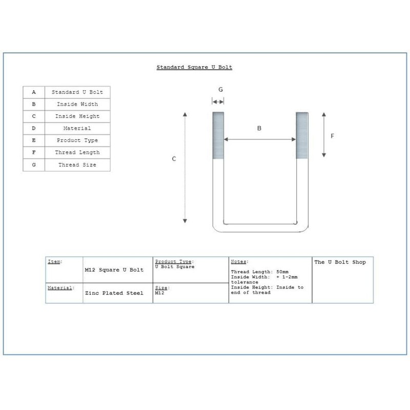 U Bolt Square M12 50mm Inner Width x 100mm Length