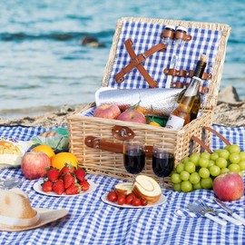 HappyPicnic Picnic Basket Set for 2 - Wicker Picnic Basket with Waterproof Blanket & Insulated Liner, Large Handmade Willow Hamper with Cutlery Kit for Outdoor, Picnic, Camping, Party, Holidays (Blue)