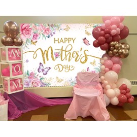 Happy Mother's Day Backdrop Pink Floral Mother's Day Photography Background I Love Mom Women Queen's Day Banner Mothers Day Party Decor Backdrop (7x5FT: 84x60 inch)
