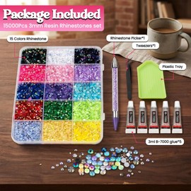 15 Colors 20000pcs Bedazzling Kit with 5 Glue Bottles and Pen, 3mm Nail Art Rhinestones, Flatback Gems with Tweezers & Green Storage Box, Nail Crystals for DIY Crafts, Phone Cases & Clothes