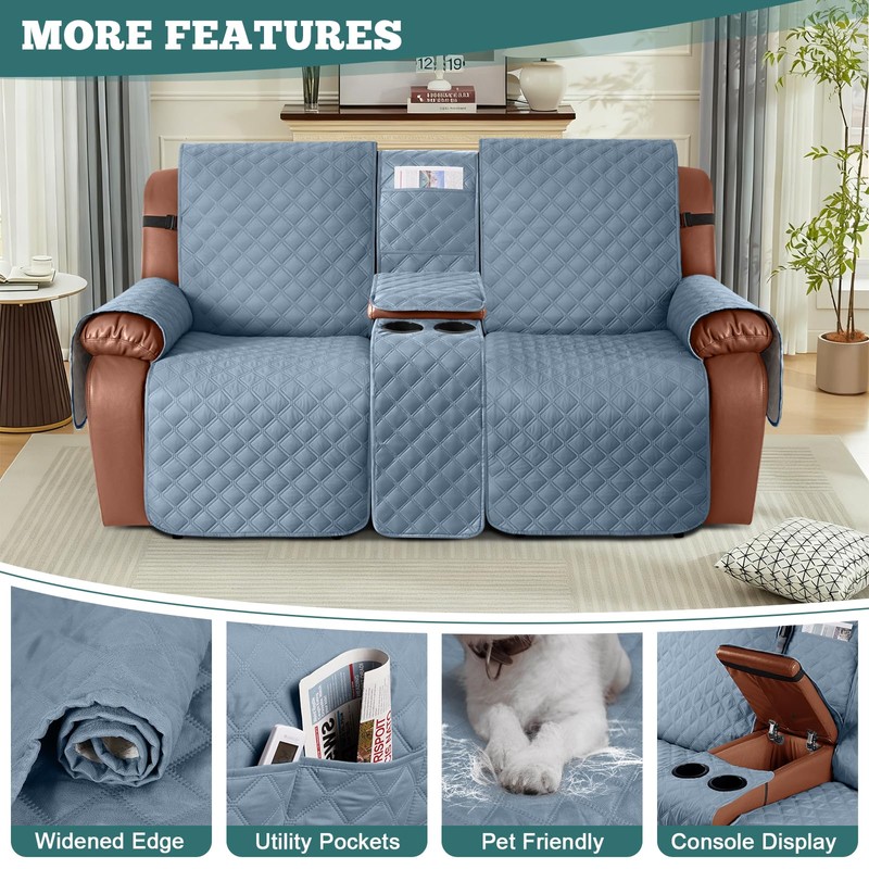 Ruaozz Waterproof Loveseat Recliner Cover with Console Non-Slip Reclining Couch