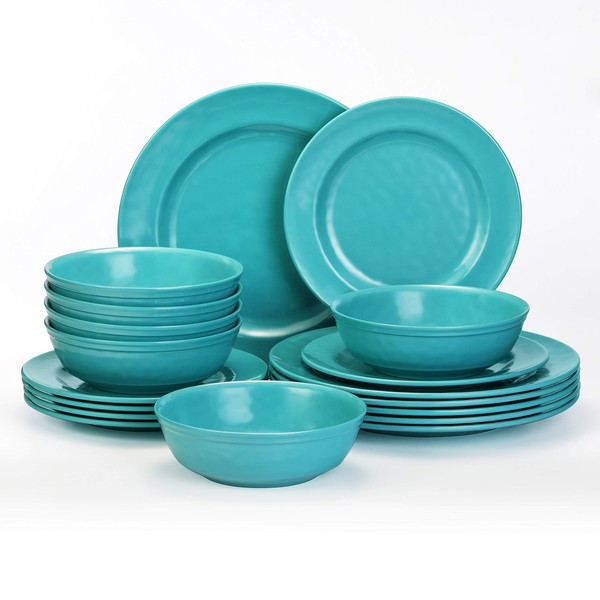 TP Dinnerware Sets Service for 6, Melamine Dinner Plates and Bowls Set, 18-Piece Dishes Set, Teal