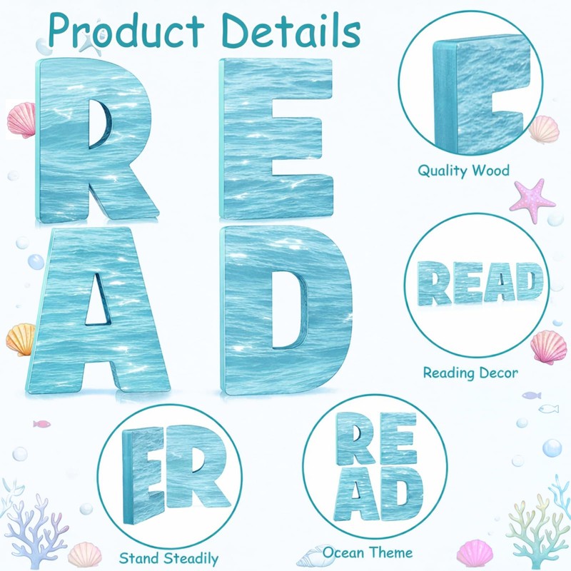 4 Pcs Reading Corner Decor for Classroom, Blue, Ocean