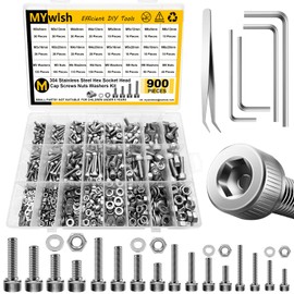Mywish 900Pcs M3 M4 M5 M6 Metric Screw Assortment, 304 Stainless Steel Nuts and Bolts, Hex Socket Head Cap Metric Bolts/Nuts/Flat Washers Kit Anti Rust 16 Sizes 8mm to 20mm, Hex Wrenches