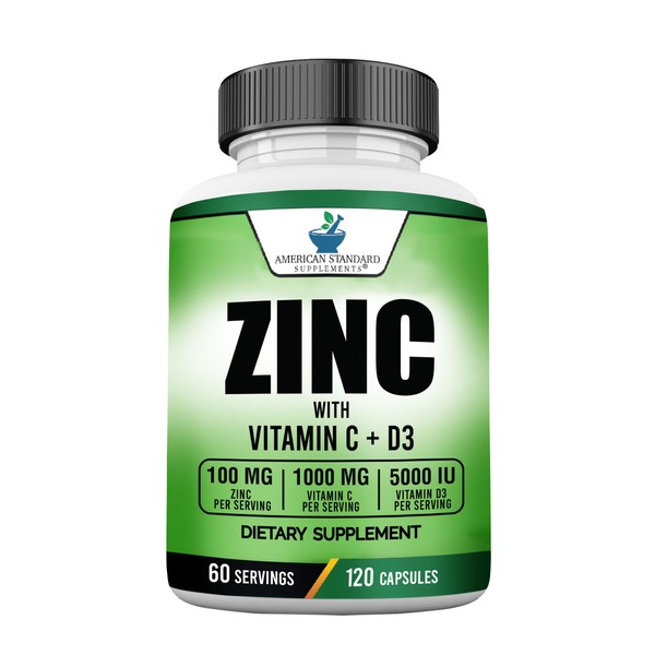 American Standard Supplements Zinc 100mg, Vitamin C 1000mg, and Vitamin D3 5000 IU (125mcg) Per Serving - Gluten Free, Non-GMO, 120 Capsules, 60 Servings