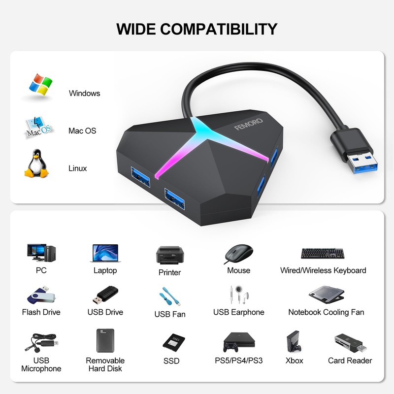 USB Splitter, FEMORO USB 3.0 Hub Expander 4 Port, Multi