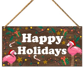 Christmas Wood Sign Decor, Christmas Wall Decor for Home Door Porch Kitchen Living Room Bedroom Holiday Decorations Rustic Flamingo Xmas Hanging Sign Decor, Happy Holidays