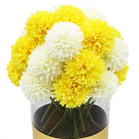Blooming Paradise 20Pcs Artificial Fake Flower Plants Silk Chrysanthemum Ball Hydrangea Arrangements Wedding Bouquets Decor Home Kitchen Garden Party Table Floral Centerpieces DIY (White&Yellow)