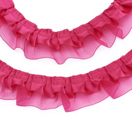 PandaHall 21.8 Yards Satin Organza Lace Edge Trim 2-Layer Gathered Ruffle Chiffon Ribbon 1-5/8 Inch Deep Pink Pleated Edging Trimmings Fabric for Cloth Sewing Embroidered Applique Wedding Party Decor