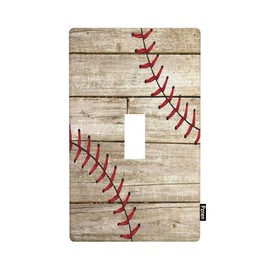 Pznen Vintage Baseball Stitch 1-Gang Toggle Wall Plate Baseball Red Lace on Rustic Wooden Light Switch Cover Plate Single Toggle Covers Home Decorative Office