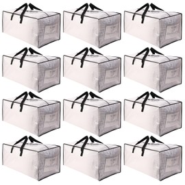 SWEET DOLPHIN 12 Pack Extra Large Moving Bags with Strong Zippers & Carrying Handles, Heavy Duty Storage Tote for Space Saving Moving Storage, Fold Flat, Alternative to Moving Box, Semi-Transparent