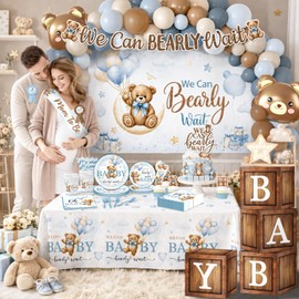 Bear Baby Shower Decorations,260pcs All-in-1 Blue Bear Party Decorations Plates and Napkins Cups Tablecloth Banner Backdrop for Boy Baby Shower Decorations