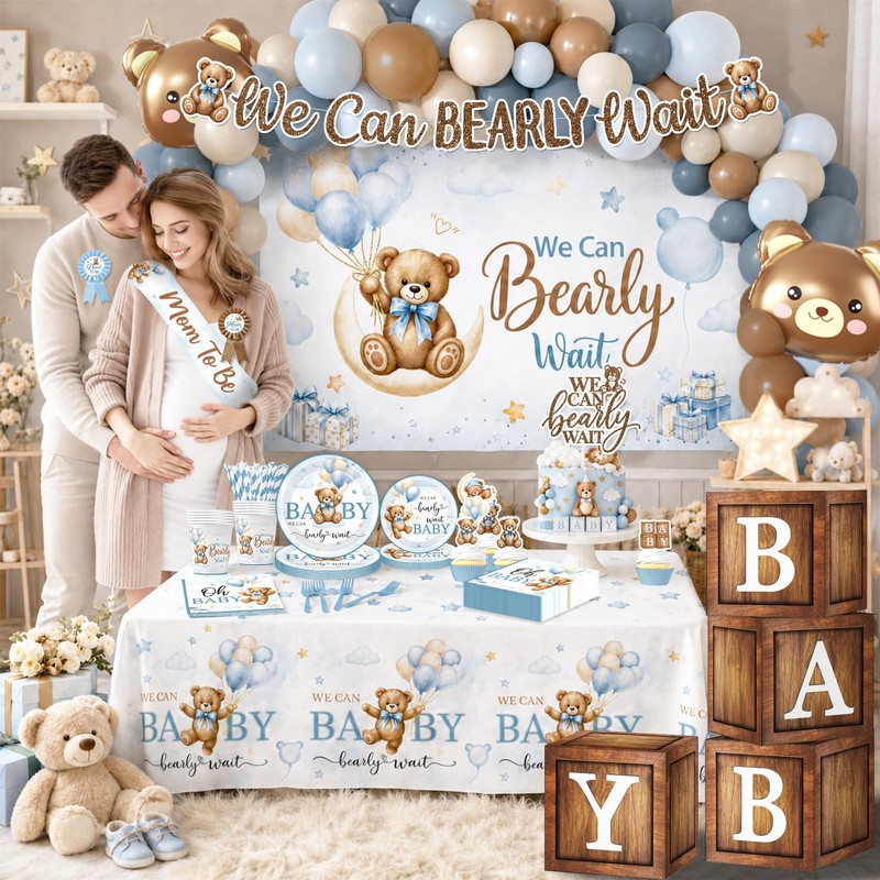 Bear Baby Shower Decorations,260pcs All-in-1 Blue Bear Party Decorations Plates