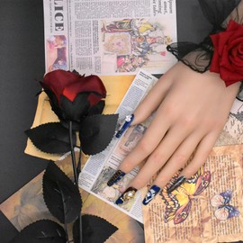 Press on Nails Handmade Nails 10Pcs Manual Press on Nails Hand-Painted Golden Nails with Hand Carved Flowers Manicure Charms Nails Nails Press on Nails for Women Party Holiday Photo Wedding 30mm Long