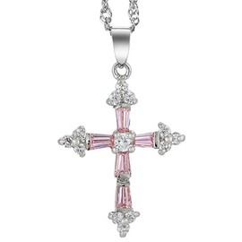 RIZILIA Cross Pendant with 18" Chain & Trapezoid Round Cut CZ [Simulated Pink Sapphire] in White Gold Plated, Simple Modern Elegant