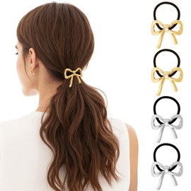 Gold Hair Ties - 4PCS Metal Hair Ties Geometric Elastic Ponytail Cuffs for Thick Thin Hair Elegant Bowknot Hair Ties for Women Girl Ponytail Holders Hair Accessories (Gold and Silver Set 03)