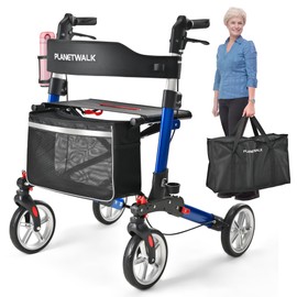 PLANET WALK Double Folding Rollator Walker for Seniors - Lightweight Aluminum Frame with 300 lb Capacity, 8" All-Terrain Wheels, 6-Level Adjustable Height Rolling Walker with Travel Bag - Blue