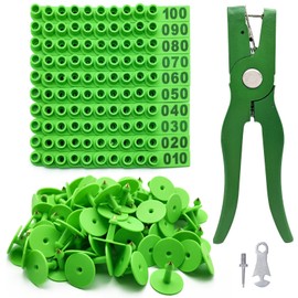 Jevuoyee 100pcs Cattle Ear Tags Numbered 001-100, Laser Printed Livestock Ear Tags with Plier for Cattle, Calves, Sheep, Goats, Hogs - Fade Proof, Weather Resistant (Green)