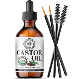 BodyJ4You Castor Oil for Eyelashes and Eyebrows - Hair Growth Oil Eyelash Brush Brow Serum Lash Oil - 100% Pure Castor Oil Organic Cold Pressed Unrefined Glass Bottle Hexane Free 4 Fl Oz