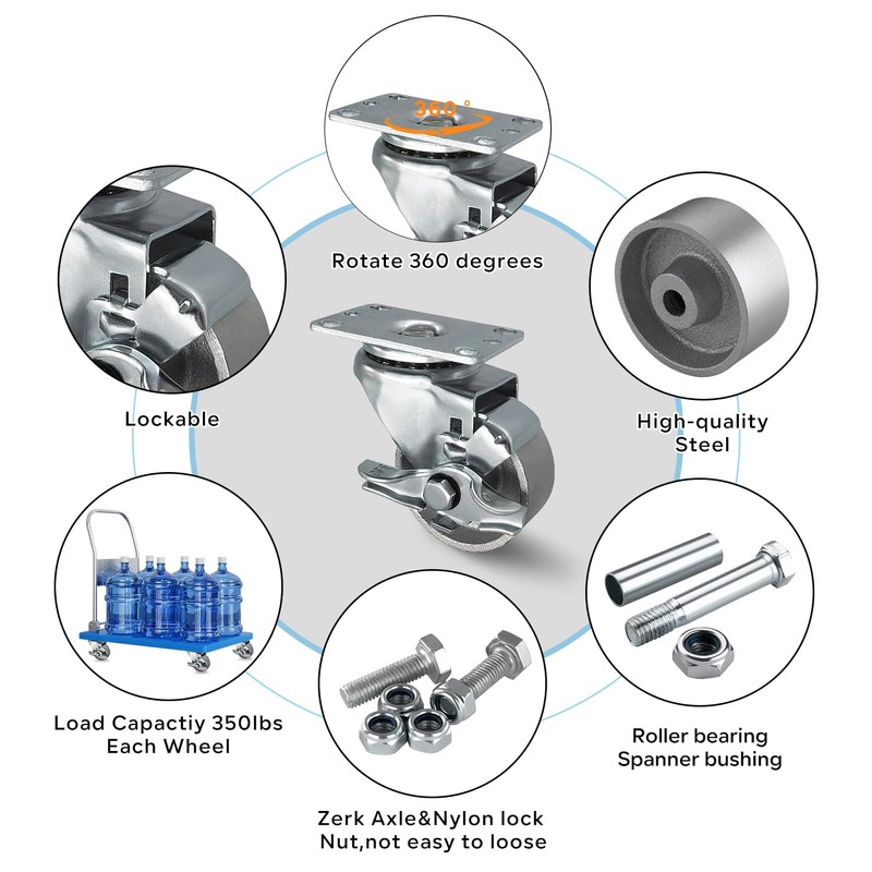 HANDSAMMU'S 3inch Industrial Casters, Semi Steel Cast Iron Locking Casters,