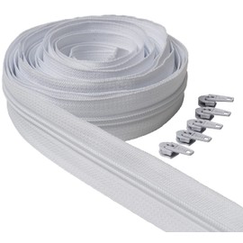 IPEA Cerniera Lampo Bianca Continua lunga 5 Metri + 15 Cursori in Metallo, Catena misura 5, Made in Italy, Cerniere in Nylon, Zip, Tagliabile per Cucito al Metro, Larghezza 30 mm, Bianco
