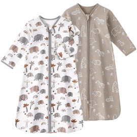 FIEMOL Baby Sleep Sack 0-6 Months, Long Sleeve Baby Sleeping Bag 0.5 Tog with Mittens, Newborn Cotton Wearable Blanket Grey Elephant 2 Pack(Small)