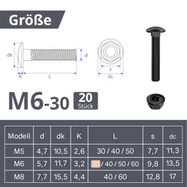 ORTAVA Carriage Bolts M6×30 Stainless Steel A2 V2A DIN 603 (Pack of 20) with Hex Flange Nut, Carbon Steel, Round-Head Screws (Black)