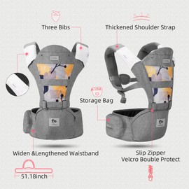 Bellababy Baby Carrier, Bellababy Multifunction Baby Carrier Hip Seat (Ergonomic M Position) for 3-36 Month Baby, 6-in-1 Ways to Carry, All Seasons, Adjustable Size, Perfect for Shopping Travelling, Grey