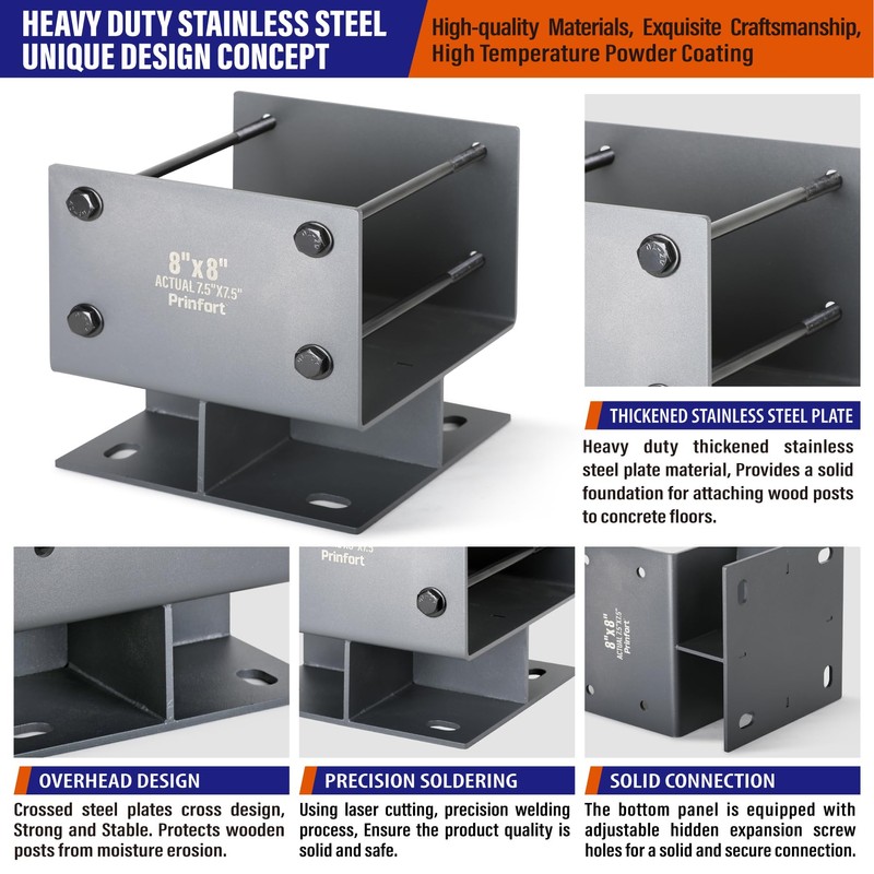 Stainless Steel 8"x8"(Actual 7.5"x7.5") Post Base Bracket Concrete, Dry Set