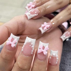 UEYRSEDB French Tip Press on Nails Medium Square Fake Nails with Glue 3D Pink Bow Pearl Charms Design White French False Nails Cute Glue on Nails Acrylic Stick on Nails for Women Girls 24Pcs