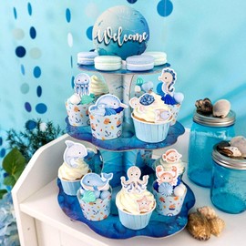 48PCS Edible Ocean Sea Animal Cupcake Topper Glutinous Rice Paper Starfish Octopus Crab Jellyfish Dolphin Starfish Seahorse Baby Shower Birthday Under the Sea Theme Party Decorations